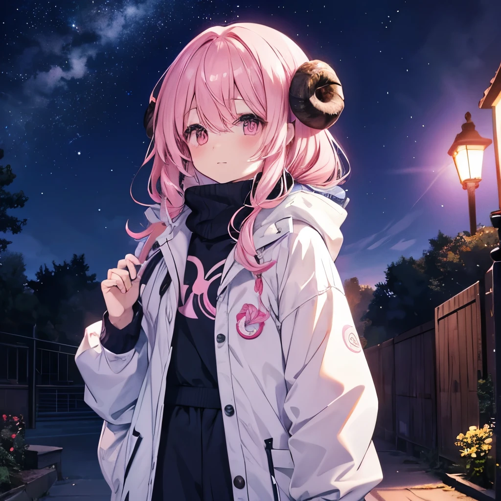An anime-style illustration of ‘Fua-chan’ taking a walk on a starry night. Fua-chan has distinctive features: long pink hair styled in soft curls resembling sheep’s horns, and pink eyes. She is depicted walking under a clear night sky filled with twinkling stars, possibly with a few shooting stars streaking across. She is wearing a light jacket or sweater, suitable for a cool evening, with a peaceful and content expression as she gazes up at the sky. The background shows a serene, quiet path or park, illuminated by soft moonlight and surrounded by nature, creating a calm and magical atmosphere.