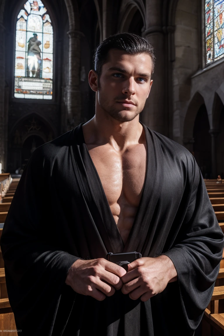 dark fantasy. 70er. atmosphärisch Szenario. church. henker. giotinne. Bodybuilder. brutal. black robe. hot. hot face showing camera zoom in. black hair. arrogant looking. sunshine light. daylight. clesr face. grey eyes hot