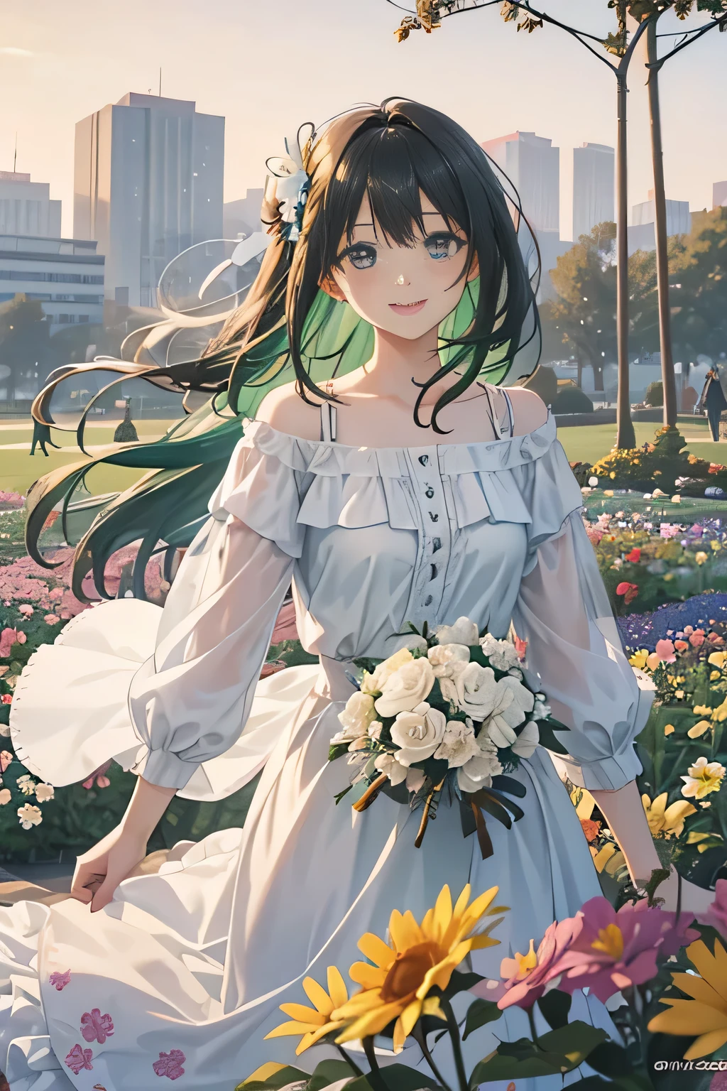 (((masterpiece)))、(((top-quality)))、((ultra-detailliert))、(illustratio)、((extremely delicate and beautiful))、Bright smile、floating、(Detailed light) (1girl in)、、solo、The long-haired、The wind is blowing、A WORLD、(cute eye)absurderes, hight resolution, (Official art, Beautiful and aesthetic:1.2), (Close View:1.2), Front composition,
1girl in, (Long hair:1.2), Green hair, Wavy Hair, Smile,
(Everywhere in the flower garden:1.6), (Flower Effects:1.2), (Floral background:1.2), (Background filled with flowers:1.4), (Fancy backgrounds:1.1),