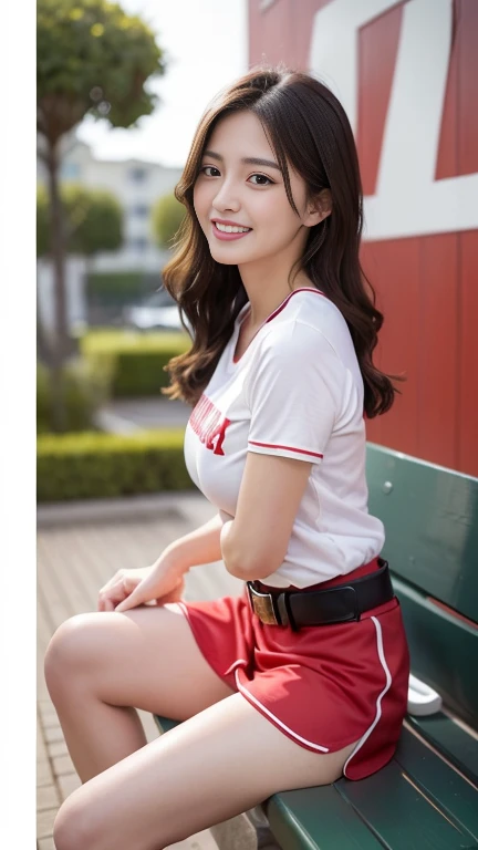 1 person、(Age 27)、(Highest quality), Realistic, Very detailed, finely, High resolution, (8k), One beautiful woman, (Starry Sky Baseball Stadium)、(Taiwan Rakuten Cheerleaders),(A white T-shirt with a red Rakuten logo))、((Red Belt))、（(White shorts）)、（(From the whole body to the toes:1.3)、((Full Body Shot:1.3))、(Big Breasts)、(Big Ass)，（Look back and laugh)、  (Look at me and smile),(Side Shot)、(Side view:1.3)、(photoRealistic:1.3)，(From the whole body to the toes:1.3)、(Sit on a bench)、(A smile showing white teeth)，