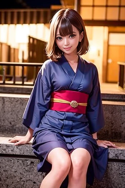 (Fireworks display)、(Cute Yukata、Beautiful yukata、Sexy Yukata、Yukata Cosplay)、Girl sitting on stone steps、21 years old、smile、Long and raw々new legs、Cleavage、Short Bob Hair、Mid-chest、masterpiece:1.3、RAW Photo Quality、Highest quality、Detailed Images、Detailed Background、