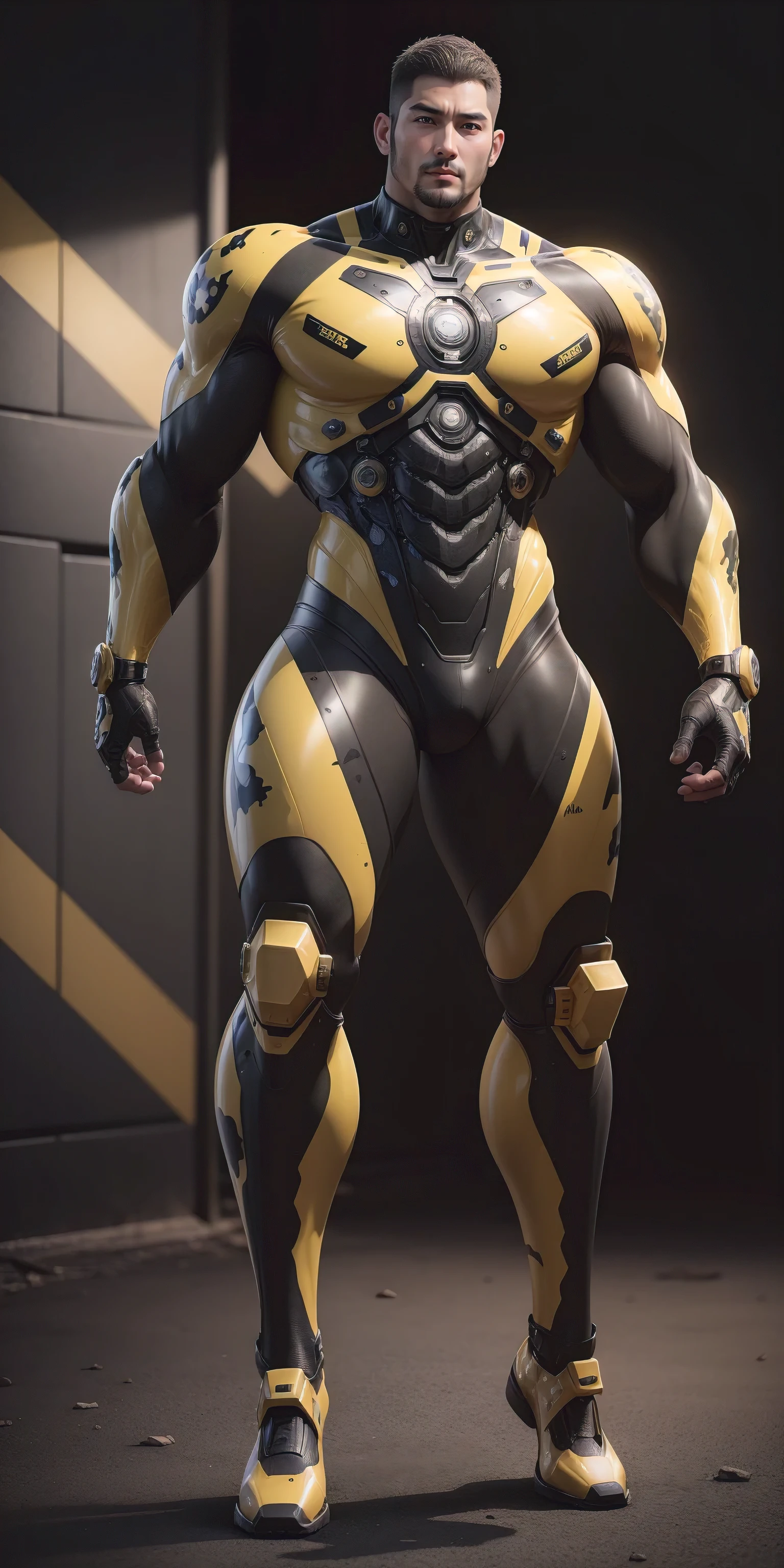 Tall giant muscular police officer,Buzz Cut,Very long legs,Yellow and black camouflage patterned nano mecha,Honeycomb pattern,Lightweight texture,Character Concept(Resident Evil - Chris Redfield,Chris Redfield)senior police officer,Small grid texture,Regular symmetrical texture pattern,Sad expression,Deep and charming eyes,Standing in a bright mechanical laboratory,Emerald Eyes Hero,Heroic male pose,高大Burly,muscular!Attractive leg muscles,High target, Burly, Heqiang, Super Buff and Coolness, High Resolution Committee, Bigfoot yellow-gray ultra-thin nano-mechanical boots,Charismatic strongman,The bright sunshine shines on you,Matte particles,Shiny texture