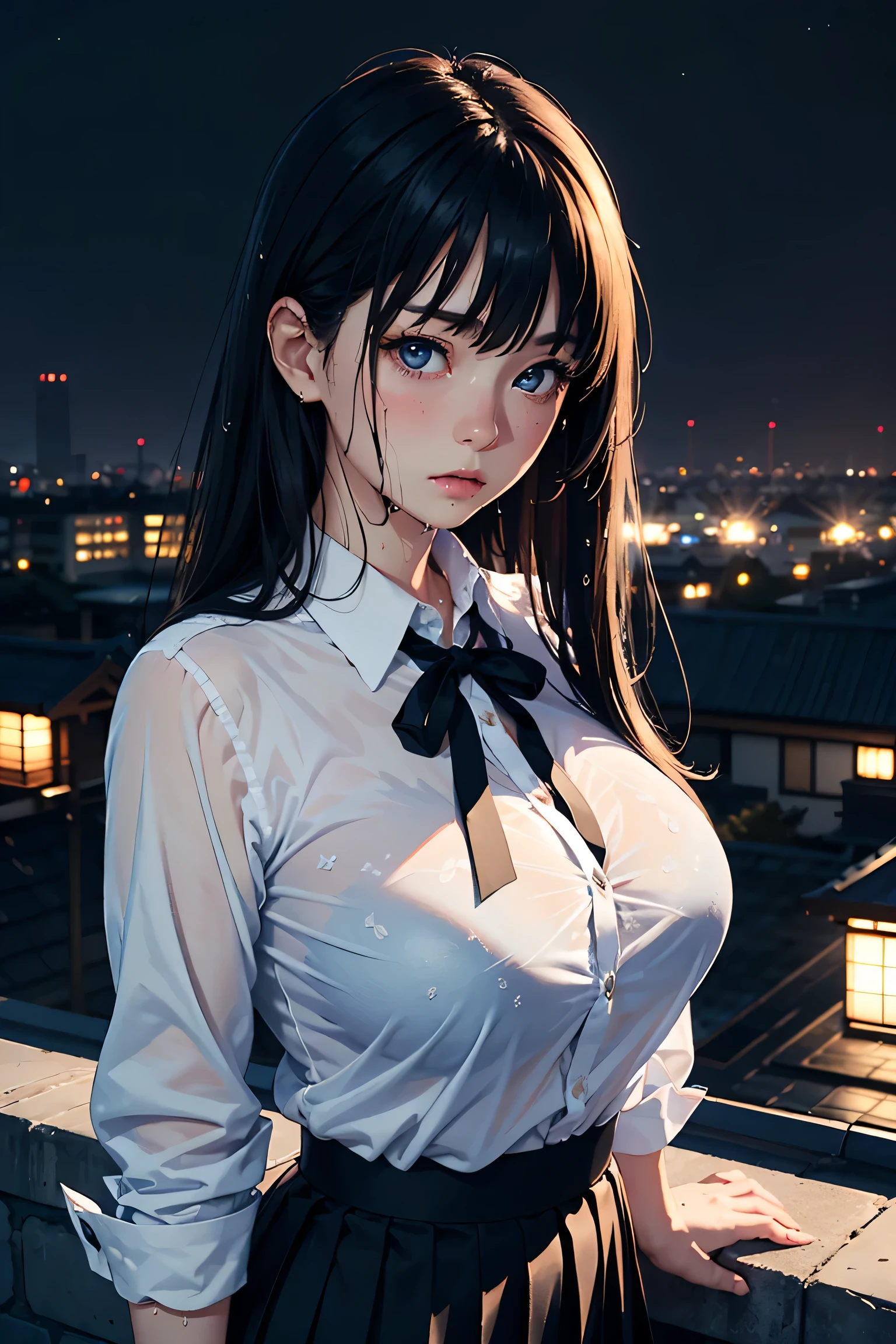 (masterpiece:1.2, Highest quality), (Realistic photos), Beautiful illustrations, (Natural side lighting, Cinema lighting),(1 person), Japanese, 20-year-old female, Perfect Face, Symmetrical cute face, Glowing Skin,(Black straight long hair)、Dark blue eyes, (Huge breasts:1.2), Slender build、Beautiful Hair, Beautiful Face, Fine and beautiful eyes, Beautiful body, Beautiful breasts,(White collared shirt、Black Ribbon、Navy blue pleated skirt)、Sad expression、Blushing、stand、Rooftop、Night view、moon、(My whole body is wet:1.1)