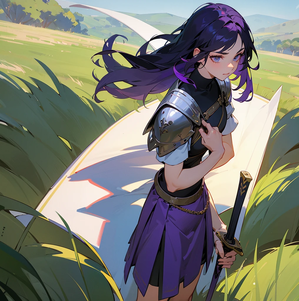 A woman wears the upper half of her knight's armor, Lovely face, holding a sword, The other hand holds a necklac, black hair, Standing alone in the grass, The bottom is wearing a short-sleeved shirt, beautiful, 8k, design, purple hair, Don't wear a skirt. Wear shorts,