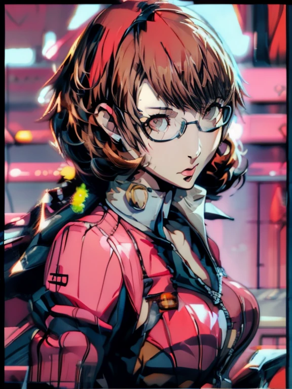 in the art style of persona5, (((satonaka chie))), (masterpiece:1.2, highest quality), (Realistic, photoRealistic:1.4), Beautiful illustrations, (Natural Side Lighting, Cinema Lighting), Written boundary depth, Beautiful thighs staring at the viewer, (((Face Focus, Upper Body))), 1 female, 20-year-old, alone, thin, slender, (small breasts), thin, slender, ((glasses)), Are standing, ((Close-up)), ((Close-up)), ((Close-up))