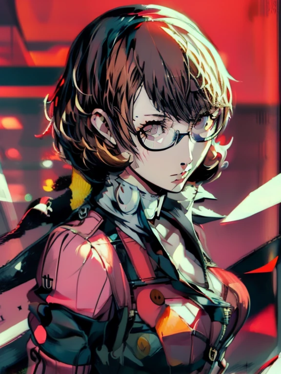 in the art style of persona5, (((satonaka chie))), (masterpiece:1.2, highest quality), (Realistic, photoRealistic:1.4), Beautiful illustrations, (Natural Side Lighting, Cinema Lighting), Written boundary depth, Beautiful thighs staring at the viewer, (((Face Focus, Upper Body))), 1 female, 20-year-old, alone, thin, slender, (small breasts), thin, slender, ((glasses)), Are standing, ((Close-up)), ((Close-up)), ((Close-up))