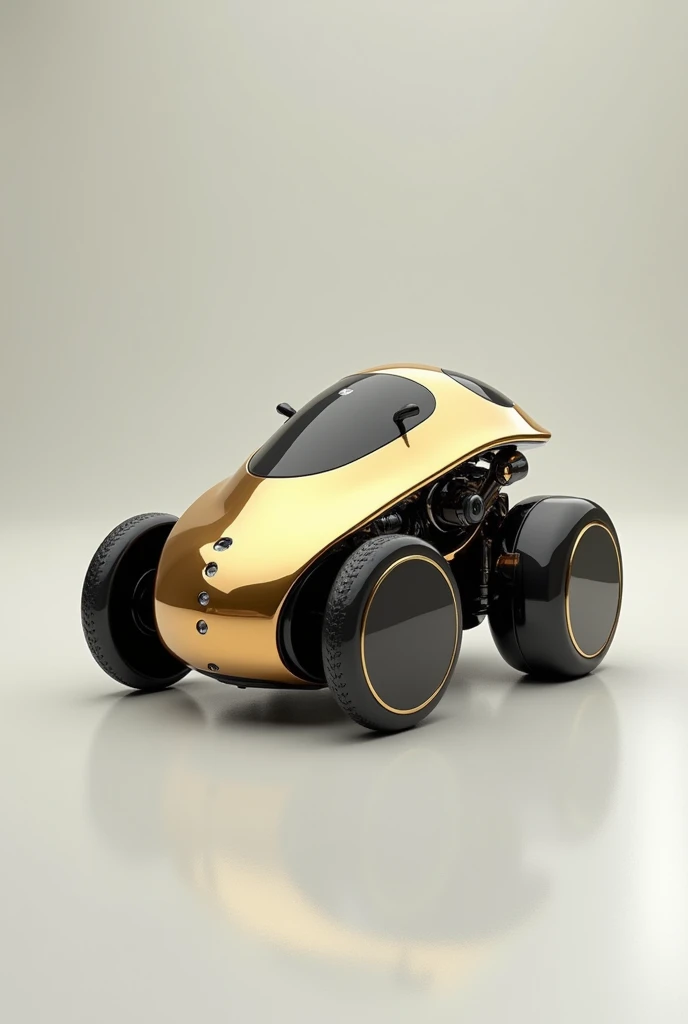 a robot that is elegant, that has 4 wheels like a car and has a metallic golden smell, black and silver. Have a mini vacuum cleaner underneath you that sucks up trash