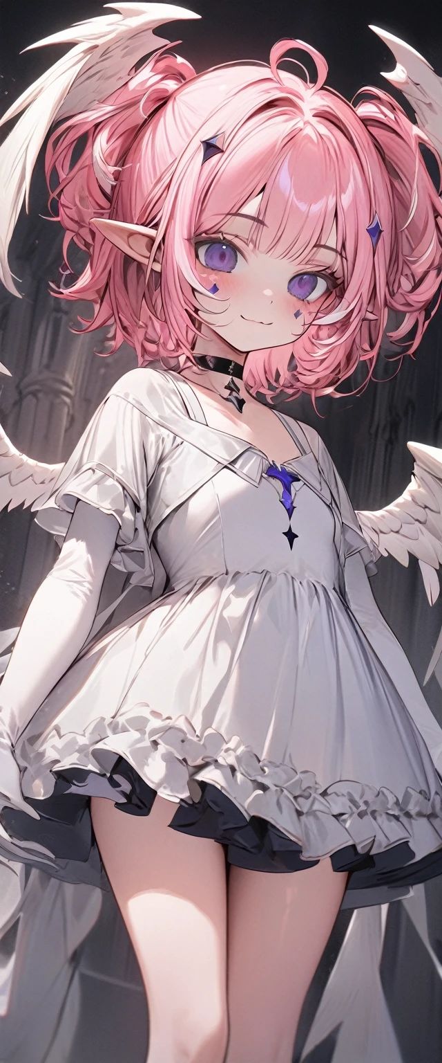 UHD, masterpiece, best quality, extremely detailed, anatomically correct, sharp focus, Midnight, gloomy atmosphere, Church, altar isle, 1girl, solo, camilavtuber, pink hair, short hair, shoulder length hair, curly hair, (white angel head wings:1.2), (twin ponytail), dark purple eyes:1.1, (facial mark), small mouth, closed mouth, smiling, crucifix choker, white arm sleeves, slim arms, white gloves, small chest, 1 angel wing, single wing, ((long white gown)), frilly gown, slim legs, white stockings, (white high heels), (full body) , (close-up), innocent pose, eye-level shot, front view, innocent pose, scattered pink petals