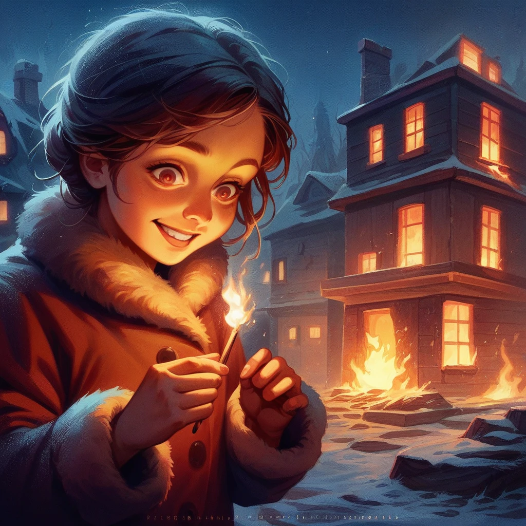 A masterpiece, realistic, delicate animation illustration, funny and crazy. Cinematic proof, 19th century, winter European night, burning house, Little Match Girl watching it. She lights a match and smiles with satisfaction. She is putting on her coat.