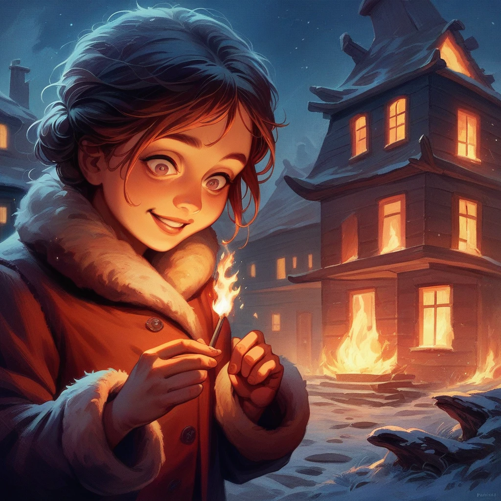 A masterpiece, realistic, delicate animation illustration, funny and crazy. Cinematic proof, 19th century, winter European night, burning house, Little Match Girl watching it. She lights a match and smiles with satisfaction. She is putting on her coat.