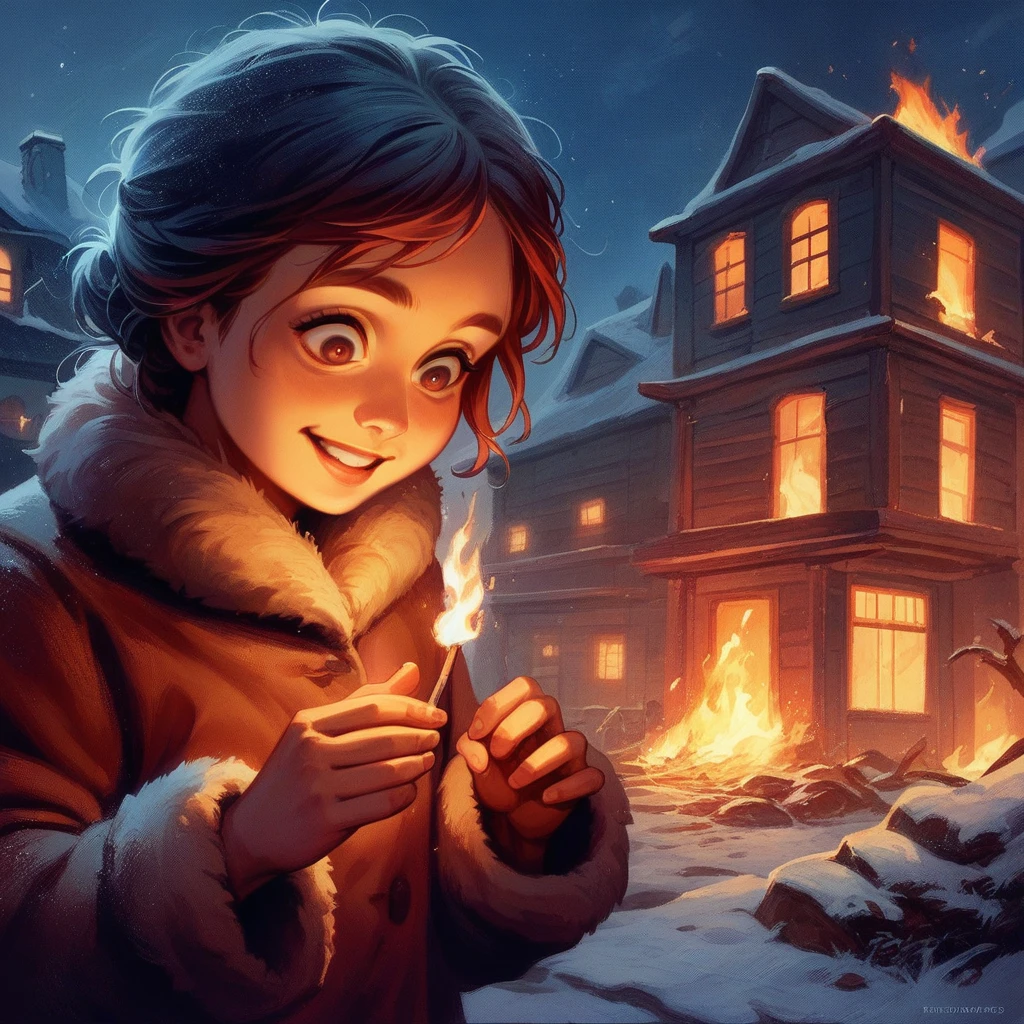 A masterpiece, realistic, delicate animation illustration, funny and crazy. Cinematic proof, 19th century, winter European night, burning house, Little Match Girl watching it. She lights a match and smiles with satisfaction. She is putting on her coat.