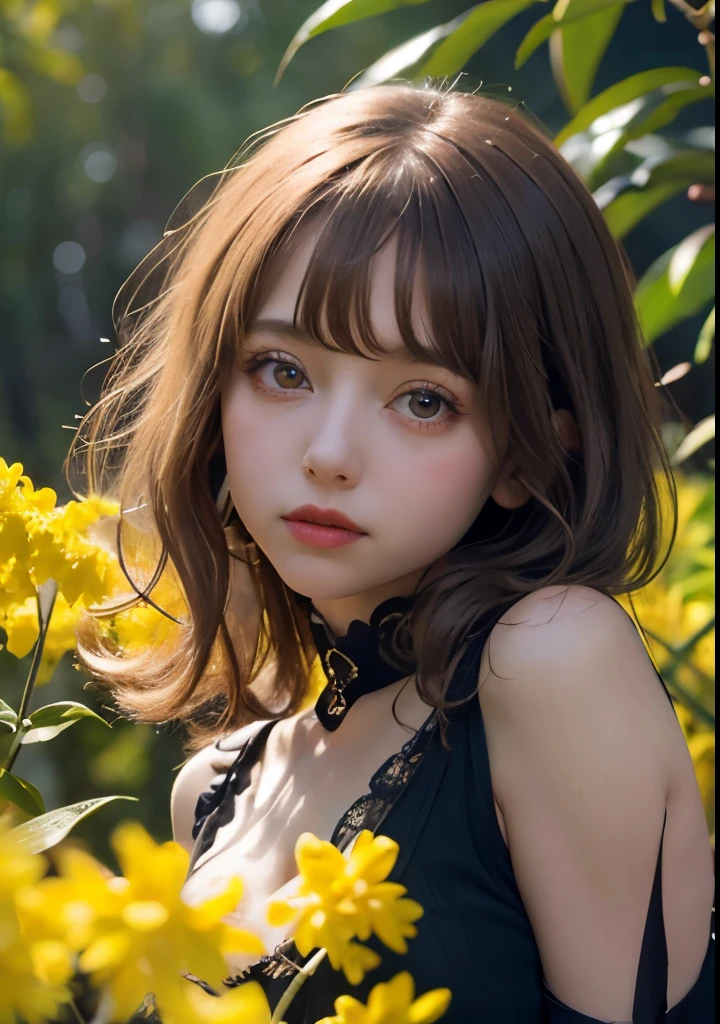 Psychedelic world、Gothicta、Cute 1、18-year-old girl、Big eyes、Small breasts、Light Goldenrod Yellowの髪、Colorful flowers background、Fractal Background、Perfect lighting、Sharp focus、High resolution、High resolution、High color reproducibility、High resolution、Advanced Processing、Ultra-realistic、Realistic 