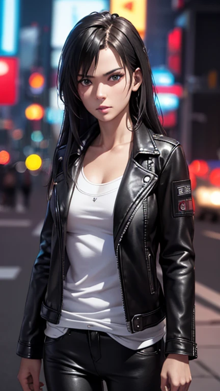 best quality, high quality, ultra quality, 8k, masterpiece, detailed, extremely detailed, insanely detailed, ultra detailed, ultra highres ,exquisite,
lifelike Images,cinematic experience,UHD picture,Realistic,photorealistic,hyperrealistic,vivid,RAW photo,shot by DSLR, One girl, (black leather jacket:1.3), white tank top, black leather pants, cyberpunk city,Long straight black hair,Glaring at me,Midnight,Left hand in pocket,Smoking a cigarette
