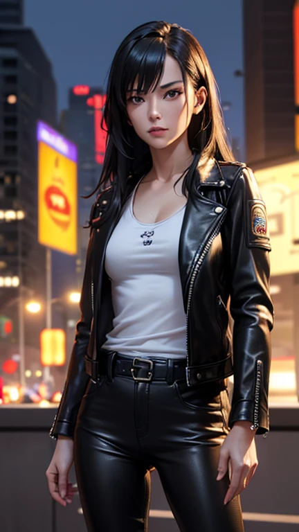 best quality, high quality, ultra quality, 8k, masterpiece, detailed, extremely detailed, insanely detailed, ultra detailed, ultra highres ,exquisite,
lifelike Images,cinematic experience,UHD picture,Realistic,photorealistic,hyperrealistic,vivid,RAW photo,shot by DSLR, One girl, (black leather jacket:1.3), white tank top, black leather pants, cyberpunk city,Long straight black hair,Glaring at me,Midnight,Left hand in pocket,Smoking a cigarette
