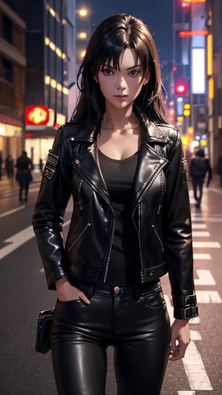 best quality, high quality, ultra quality, 8k, masterpiece, detailed, extremely detailed, insanely detailed, ultra detailed, ultra highres ,exquisite,
lifelike Images,cinematic experience,UHD picture,Realistic,photorealistic,hyperrealistic,vivid,RAW photo,shot by DSLR, One girl, (black leather jacket:1.3), white tank top, black leather pants, cyberpunk city,Long straight black hair,Glaring at me,Midnight,Left hand in pocket,Smoking a cigarette
