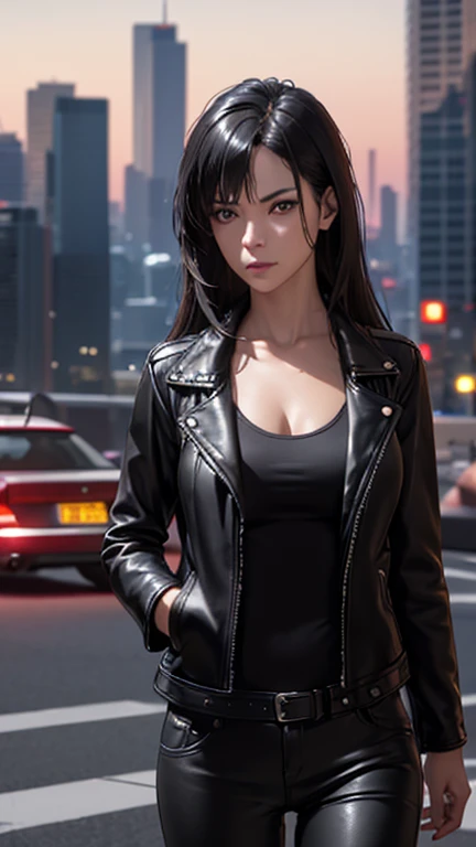 best quality, high quality, ultra quality, 8k, masterpiece, detailed, extremely detailed, insanely detailed, ultra detailed, ultra highres ,exquisite,
lifelike Images,cinematic experience,UHD picture,Realistic,photorealistic,hyperrealistic,vivid,RAW photo,shot by DSLR, One girl, (black leather jacket:1.3), white tank top, black leather pants, cyberpunk city,Long straight black hair,Glaring at me,Midnight,Left hand in pocket,Smoking a cigarette