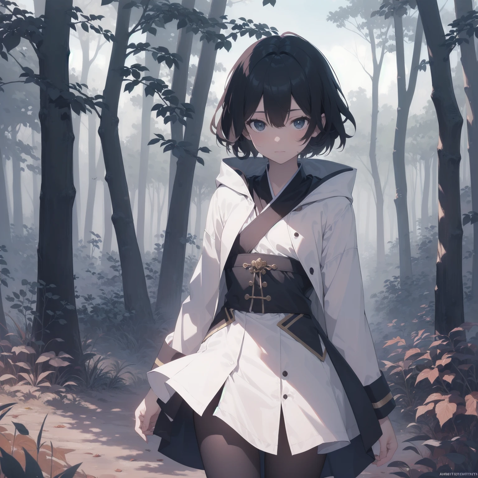 ultra-absurdres-Top quality by artist God, ultra-detailed, high resolution, anime moe artstyle, best anime 8k konachan wallpaper, pixiv contest winner, pool:2810, perfect anatomy,break, 1girl, ninja, (Please draw a ninja girl walking sleepily to forest alone. )break,(Solo,little female, -yeld:1.Full limbs, complete fingers,(very short hair), short cut, flat chest, thighs, small butt, small black eyes, beautiful detailed eyes, well-proportioned iris and pupils, expressive eyes, highres detailed hair, expressionless,ninja clothes, sleeveless, short kimono, short shorts, scarf, (Detailed Lighting), (Detailed background), night, in the forest. break,super detailed skin, Best cinematic lighting powered by famous artist, 8k,beauty illustration,photoshop_(medium),very aesthetic,break,((artist:shiromanta )), artist:clamp ,artist:carnelian ,artist:kantoku ,