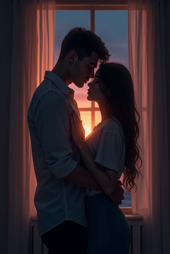 a taller boy,173cm tall, a shorter girl, 150cm tall, they are kissing each other,left wide angle, in room, light turns off, light’s comes from window, night, beautiful girl realistic, the boy with sharp jawline,