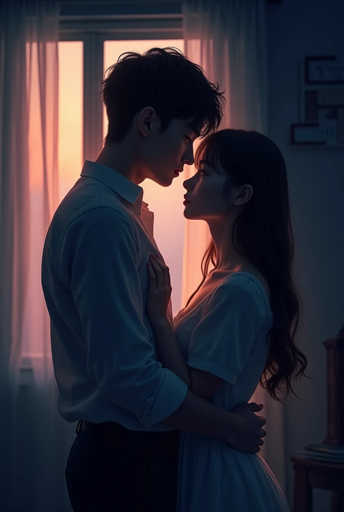 a taller boy,173cm tall, a shorter girl, 150cm tall, they are kissing each other,left wide angle, in room, light turns off, light’s comes from window, night, beautiful girl realistic, the boy with sharp jawline, 