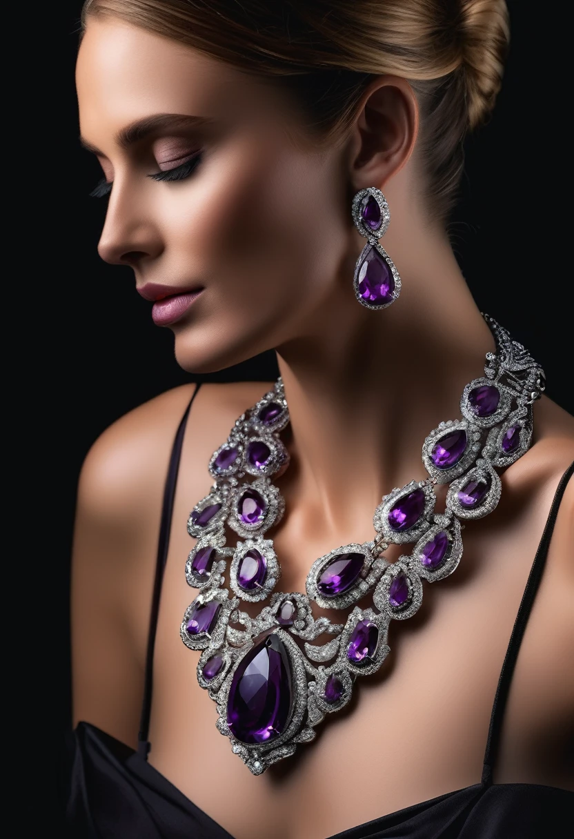 silver amethyst wide chain on black background, on mannequin neck, antique jewelry art, fashion art, black background, detailed jewelry, gemstone, high quality, photorealistic, 8k, super detailed, studio lighting, intricate design, elegant, luxurious, lush, sophisticated, exquisite, masterpiece, museum quality