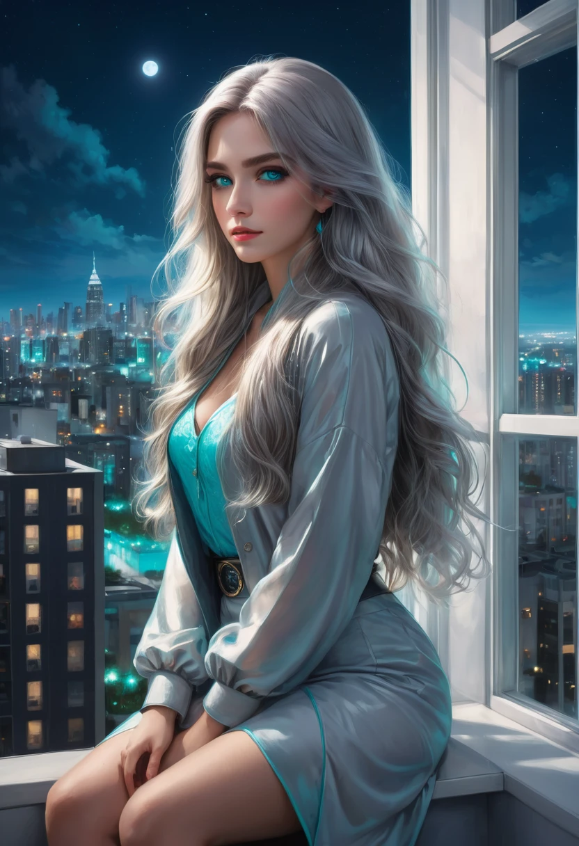 (masterpiece), best quality, Turquoise eyes, light gray long hair, expressive eyes, Detailed and precise hand, Sitting in a high-rise apartment room, night sky, cityscape, looking at viewer, city lights, window, highlight, dramatic lighting, Calm face,