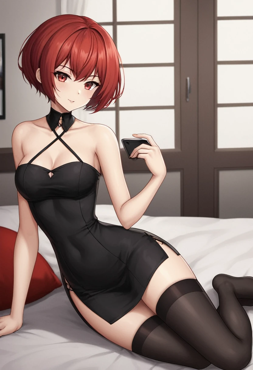 short red hair, long black dress, Medium Chest, small waist, black stockings ,