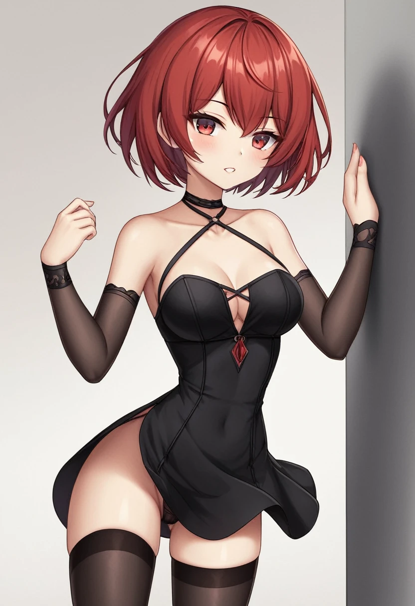 short red hair, long black dress, Medium Chest, small waist, black stockings ,  