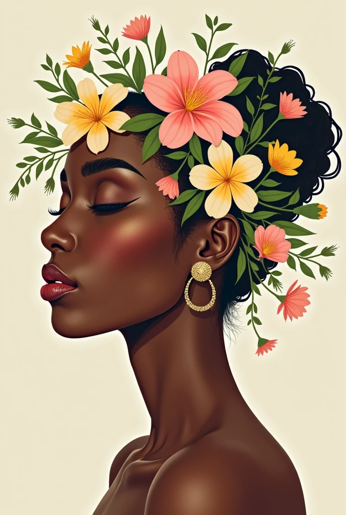 A captivating cinematic illustration of a black American woman's face adorned with an intricate arrangement of flowers. The woman's eyes are gently closed, embracing the delicate floral embellishments that intertwine around her features. The flowers and leaves, in pastel hues of pink, yellow, and green, create a vibrant contrast against the neutral background. The artwork is painted in a minimalist style, emphasizing the beauty and grace of the flowers and their arrangement on the woman's face. The overall effect is a harmonious blend of colors, textures, and emotions that evoke a sense of tranquility and wonder.ᎩᗩᏆᔑ(◠‿◠), vibrant, painting, illustration, photo, cinematic
