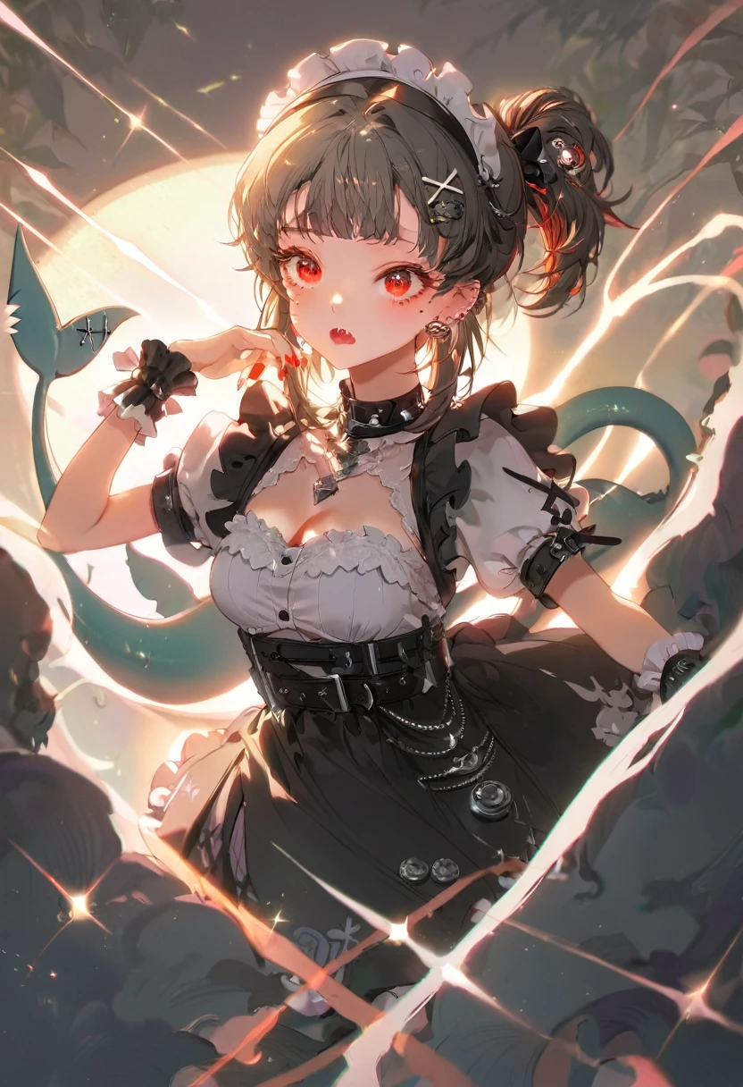 Ellen,Ellen Joe,zenless zone zero,All black color gothic lolita,sleepy,shark tail,solo,1 Girl,(shark girl:0.5),red eyes, tail,pantyhose,multicolored hair,black footwear,short sleeves, (open mouth, detailed sharp teeth, glossy lips), face focus,ellendef, mole under eye, x hair ornament, fins, shark tail, frills, red nails, wrist cuffs, belt, decorated, lots of accessories, piercings, bandages, bandaids, under-eye bags, dark circles under the eyes, Jirai kei, Gothic lolita, Shy, embarrassed, sweating, surprise, (colorgradient), Lightspeed, Cinematic Lighting, ethereal light, full colored, complex details, insanely deailed and intricate, hypermaximalist, extremely detailed with rich colors, masterpiece, best quality, HDR, UHD, High quality, gorgeous , glamorous, 8k, super detail, gorgeous light and shadow, detailed decoration, detailed lines, use of light and shadow, skindentation, medium_breasts, cleavage, bra_peek,ellendef, mole under eye, x hair ornament, fins, maid headress, shark tail, maid, black dress, frills, maid apron, red nails, wrist cuffs, belt