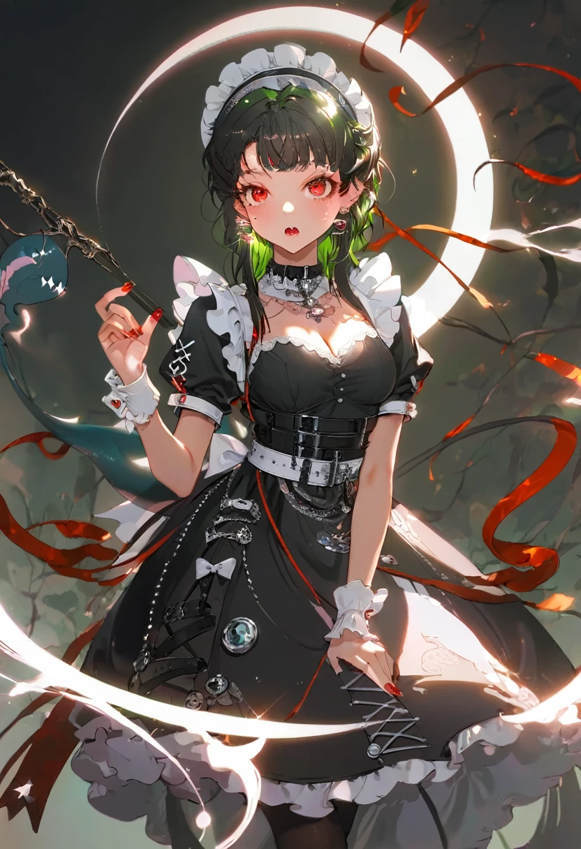 Ellen,Ellen Joe,zenless zone zero,All black color gothic lolita,sleepy,shark tail,solo,1 Girl,(shark girl:0.5),red eyes, tail,pantyhose,multicolored hair,black footwear,short sleeves, (open mouth, detailed sharp teeth, glossy lips), face focus,ellendef, mole under eye, x hair ornament, fins, shark tail, frills, red nails, wrist cuffs, belt, decorated, lots of accessories, piercings, bandages, bandaids, under-eye bags, dark circles under the eyes, Jirai kei, Gothic lolita, Shy, embarrassed, sweating, surprise, (colorgradient), Lightspeed, Cinematic Lighting, ethereal light, full colored, complex details, insanely deailed and intricate, hypermaximalist, extremely detailed with rich colors, masterpiece, best quality, HDR, UHD, High quality, gorgeous , glamorous, 8k, super detail, gorgeous light and shadow, detailed decoration, detailed lines, use of light and shadow, skindentation, medium_breasts, cleavage, bra_peek,ellendef, mole under eye, x hair ornament, fins, maid headress, shark tail, maid, black dress, frills, maid apron, red nails, wrist cuffs, belt