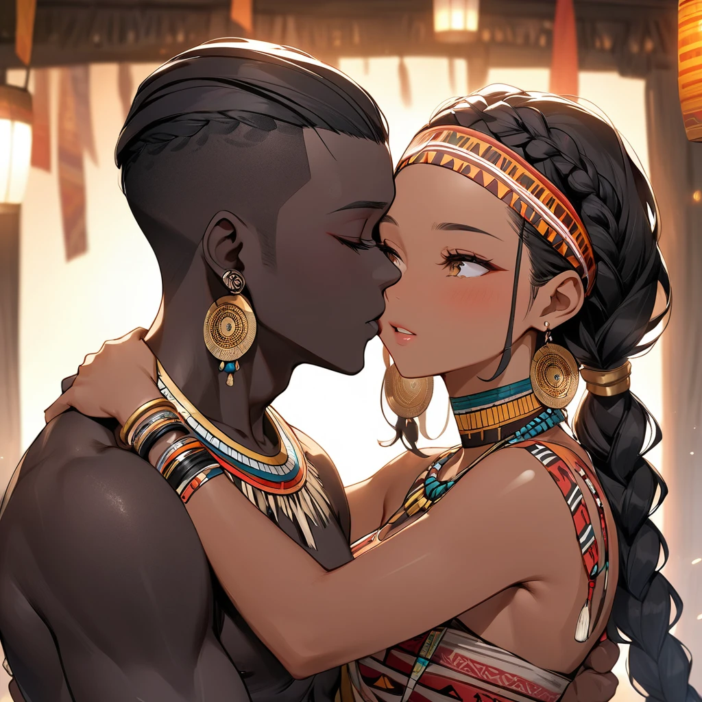 ((Highest quality)), ((masterpiece)), (detailed), (Perfect Face)、The woman is wearing the tribe's bridal attire, embracing the tribal man tightly, sharing a deep kiss, expressing their love for each other, and celebrating their wedding.、The woman has bright black skin、(Ghana braids with strong curly hair slicked back)、Black, dark skinned, African native tribal woman、The amount of hair is small、Black Hair、Very short curly hair、Ghana braid hair, finely and delicately braided into Ghana braids and slicked back、Her hair is braided and thin, and she wears a tribal headdress and a tribal headscarf.、African black woman beautifully dressed in tribal clothing, tribal earrings and tribal accessories, wearing tribal makeup、A beautiful tribal woman with tattoos all over her body、Women in tribal village night rituals、The woman's hair is dyed black by the other women in the village and styled like an African woman's.