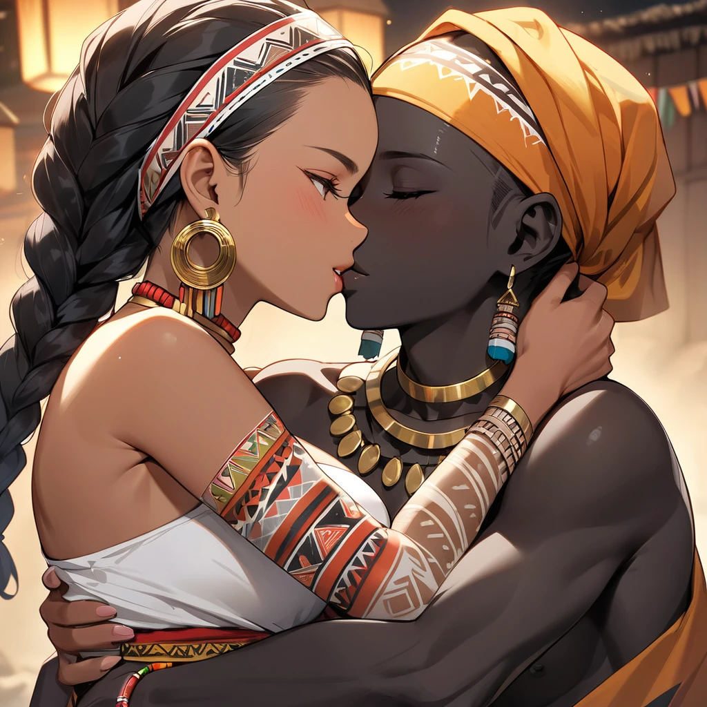 ((Highest quality)), ((masterpiece)), (detailed), (Perfect Face)、The woman is wearing the tribe's bridal attire, embracing the tribal man tightly, sharing a deep kiss, expressing their love for each other, and celebrating their wedding.、The woman has bright black skin、(Ghana braids with strong curly hair slicked back)、Black, dark skinned, African native tribal woman、The amount of hair is small、Black Hair、Very short curly hair、Ghana braid hair, finely and delicately braided into Ghana braids and slicked back、Her hair is braided and thin, and she wears a tribal headdress and a tribal headscarf.、African black woman beautifully dressed in tribal clothing, tribal earrings and tribal accessories, wearing tribal makeup、A beautiful tribal woman with tattoos all over her body、Women in tribal village night rituals、The woman's hair is dyed black by the other women in the village and styled like an African woman's.