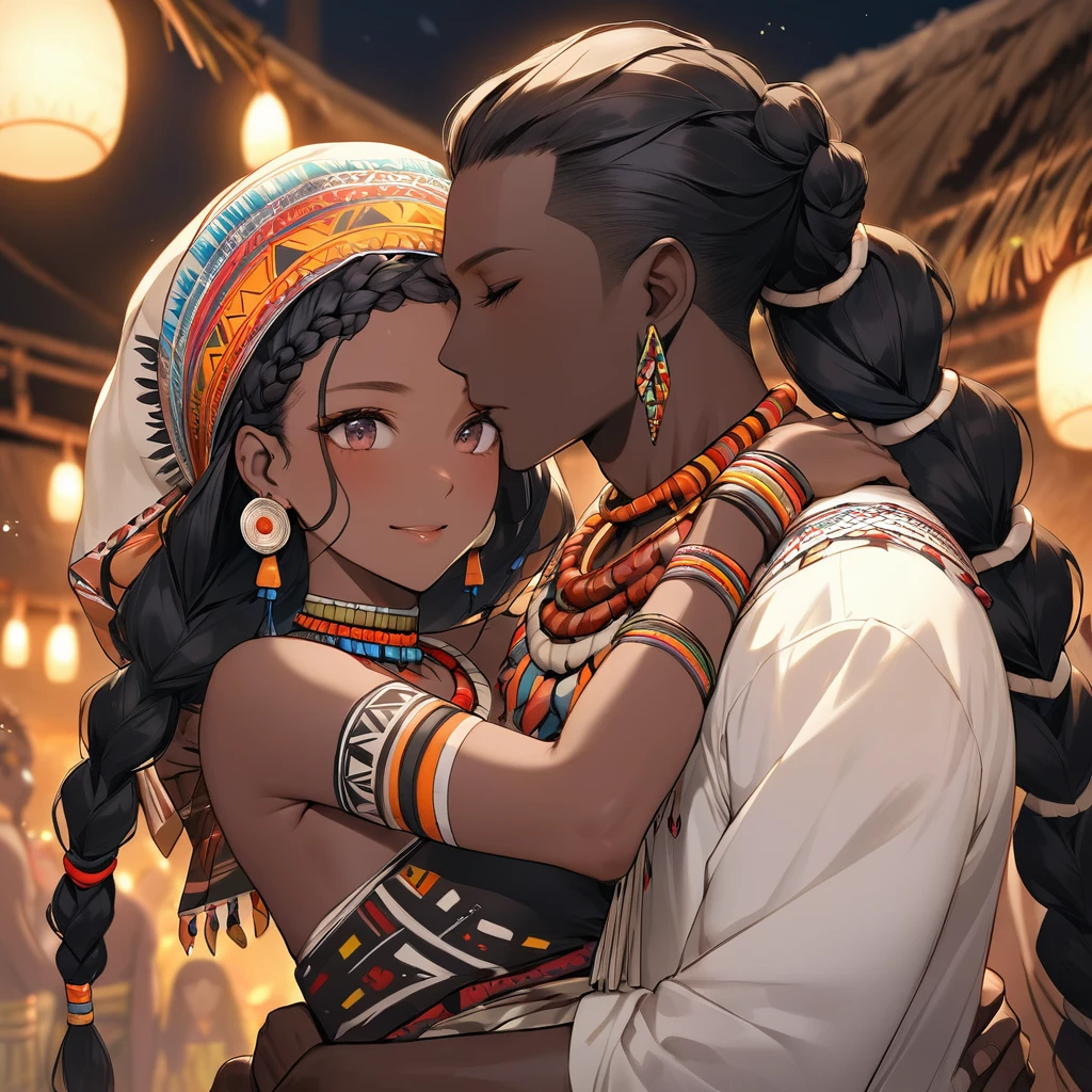 ((Highest quality)), ((masterpiece)), (detailed), (Perfect Face)、The woman is wearing a tribal wedding dress and is happily embracing a tribal man at their wedding.、The woman has bright black skin、(Ghana braids with strong curly hair slicked back)、Black, dark skinned, African native tribal woman、The amount of hair is small、Black Hair、Very short curly hair、Ghana braid hair, finely and delicately braided into Ghana braids and slicked back、Her hair is braided and thin, and she wears a tribal headdress and a tribal headscarf.、African black woman beautifully dressed in tribal clothing, tribal earrings and tribal accessories, wearing tribal makeup、A beautiful tribal woman with tattoos all over her body、Women in tribal village night rituals、The woman's hair is dyed black by the other women in the village and styled like an African woman's.