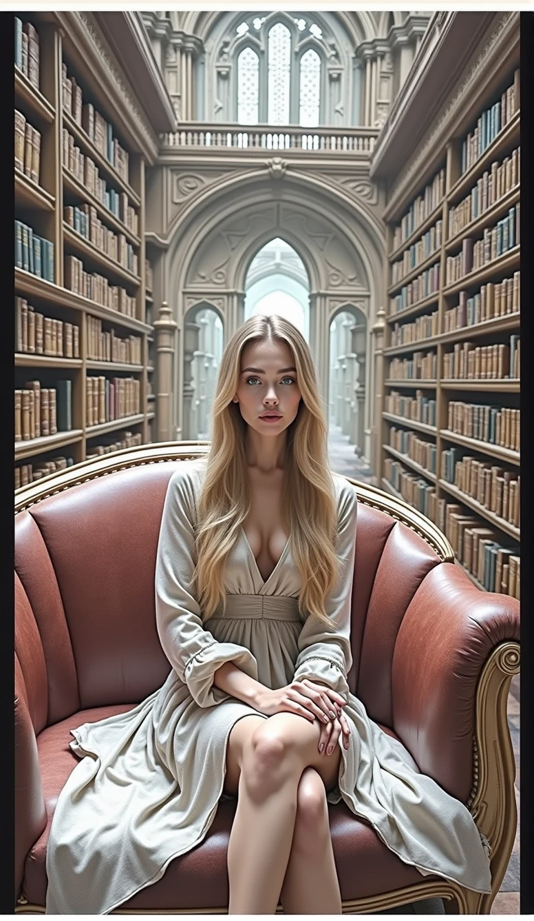 in a arafed view of a library with a large couch and a table, gothic epic library, gothic epic library concept, an eternal library, infinite celestial library, fancy library, library in the style of baroque, inside a castle library, vast library, castle library, grand library, ancient library, inside a library, ((((library interior)))), gothic library, a white woman, 40 years old, long straight blond hair, blue eyes, slim, is sitting on a chair, historical photography, ultra - realistic, natural light, Canon 5D, DSLR, 50mm, style raw, complex background, fine face and nose, fine mouth, smooth hair, skin pore visible, (Very detailed RAW photo), (photorealistic, dramatic and cinematographic lighting, Main light, Fill light), sharp focus, cinematographic, imperfect skin, Tissues, Textures, detailed face, detailed skin, detailed fingers, NaturalHand2-3500, analog film photo Deep photo, depth of field, Ferrania P30 Film, shadow, perfect face and body, low light, flash camera, washed-out film, desaturated, 35mm photo, grainy