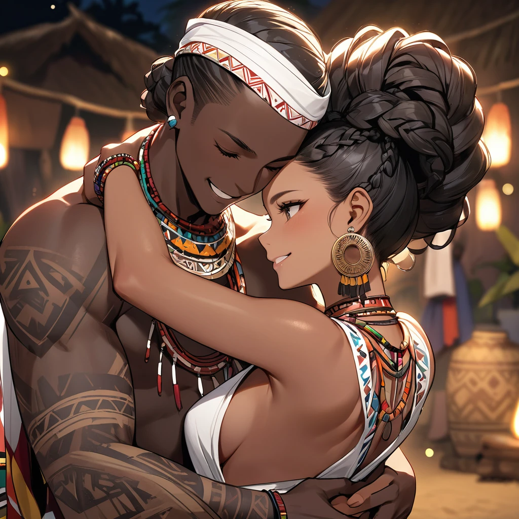 ((Highest quality)), ((masterpiece)), (detailed), （Perfect Face）、The woman is wearing a tribal wedding dress and is embraced by a tribal man as they hold each other close and look happy as they hold their wedding ceremony.、The woman has bright black skin、（Ghana braids with strong curly hair slicked back）、Black, dark skinned, African native tribal woman、The amount of hair is small、Black Hair、Very short curly hair、Ghana braid hair, finely and delicately braided into Ghana braids and slicked back、Her hair is braided and thin, and she wears a tribal headdress and a tribal headscarf.、African black woman beautifully dressed in tribal clothing, tribal earrings and tribal accessories, wearing tribal makeup、A beautiful tribal woman with tattoos all over her body、Women in tribal village night rituals、The woman&#39;s hair is dyed black by the other women in the village and styled like an African woman&#39;s.