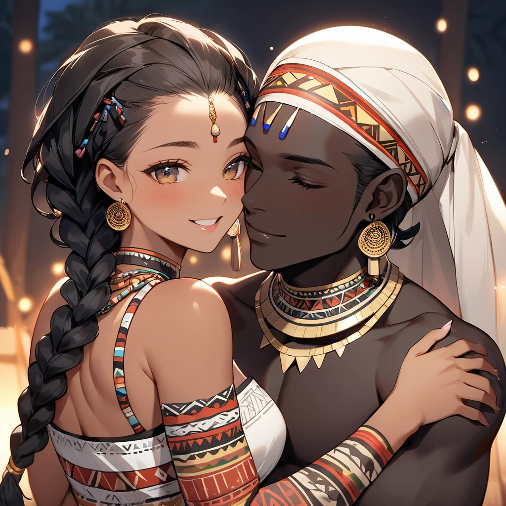 ((Highest quality)), ((masterpiece)), (detailed), （Perfect Face）、The woman is wearing a tribal wedding dress and is embraced by a tribal man as they hold each other close and look happy as they hold their wedding ceremony.、The woman has bright black skin、（Ghana braids with strong curly hair slicked back）、Black, dark skinned, African native tribal woman、The amount of hair is small、Black Hair、Very short curly hair、Ghana braid hair, finely and delicately braided into Ghana braids and slicked back、Her hair is braided and thin, and she wears a tribal headdress and a tribal headscarf.、African black woman beautifully dressed in tribal clothing, tribal earrings and tribal accessories, wearing tribal makeup、A beautiful tribal woman with tattoos all over her body、Women in tribal village night rituals、The woman&#39;s hair is dyed black by the other women in the village and styled like an African woman&#39;s.