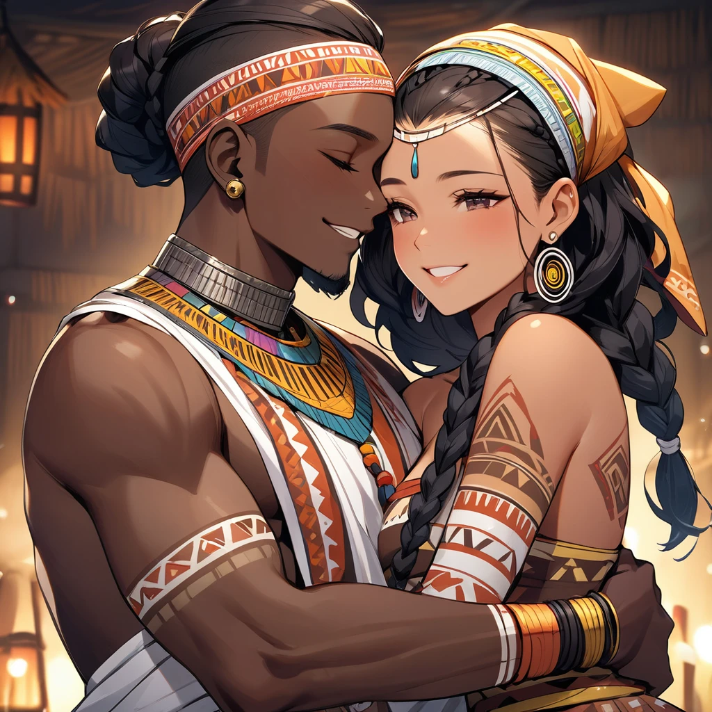 ((Highest quality)), ((masterpiece)), (detailed), (Perfect Face)、The woman is wearing a tribal wedding dress and is embraced by a tribal man as they hold each other close and look happy as they hold their wedding ceremony.、The woman has bright black skin、(Ghana braids with strong curly hair slicked back)、Black, dark skinned, African native tribal woman、The amount of hair is small、Black Hair、Very short curly hair、Ghana braid hair, finely and delicately braided into Ghana braids and slicked back、Her hair is braided and thin, and she wears a tribal headdress and a tribal headscarf.、African black woman beautifully dressed in tribal clothing, tribal earrings and tribal accessories, wearing tribal makeup、A beautiful tribal woman with tattoos all over her body、Women in tribal village night rituals、The woman's hair is dyed black by the other women in the village and styled like an African woman's.