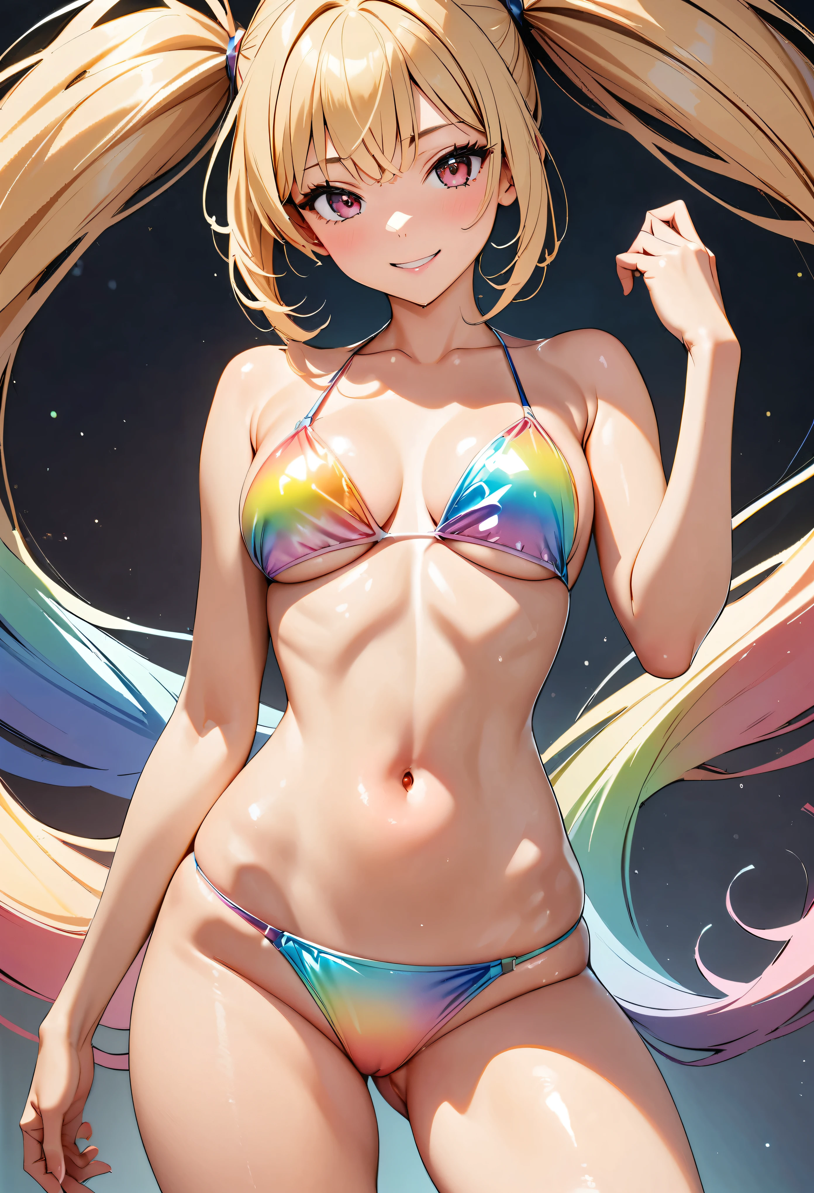 (Highest quality:1.2, Very detailed, Ultra-high resolution, masterpiece:1.2, Best aesthetics), Very detailedな肌, One Woman, (blonde, High Twintails, Ahoge, Red eyes), Beautiful Eyes, Glossy Lips, Beautiful thighs, Slender body, ((smile)), (Shiny fabric, Rainbow Gradient Bikini:1.4), Perfect Fingers, Five Fingers, (Studio shot, Sexy shot), Background Blur,