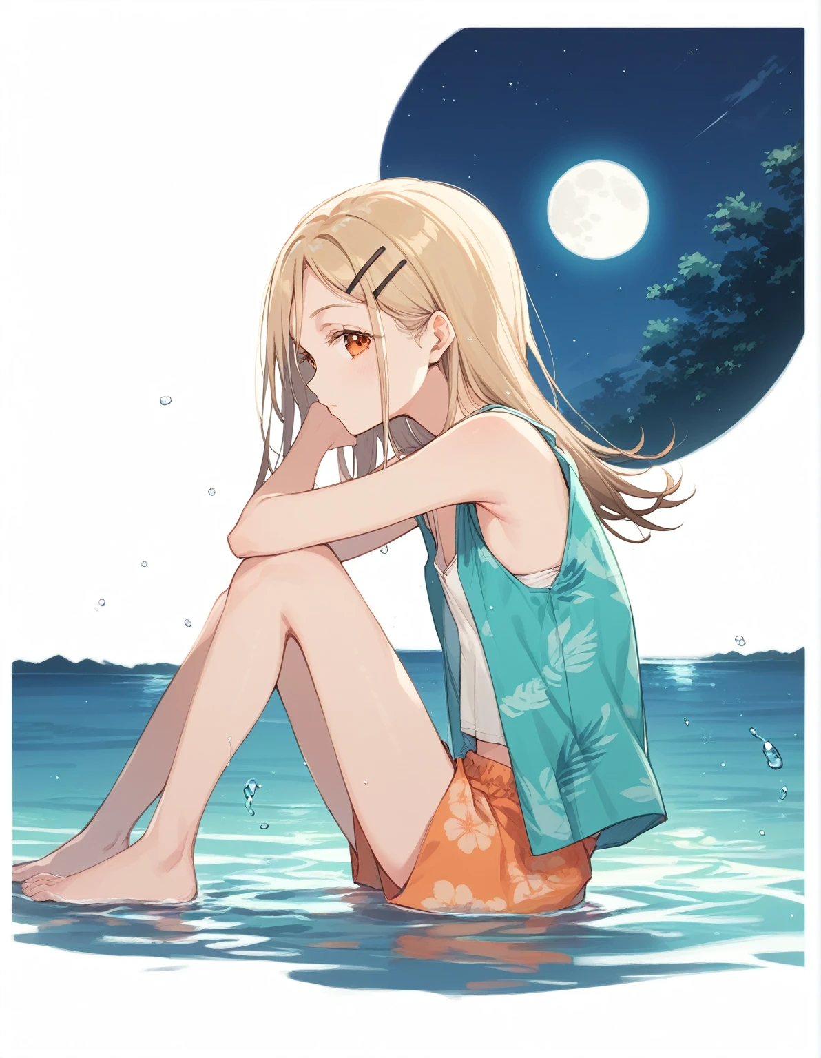 1girl,shinosawa hiro,slender,orange eyes,blonde hair,long hair,hairclip,white background,flat chest BREAK aloha shirt,tanktop,open shirt,from side,water,night,moon,full body,