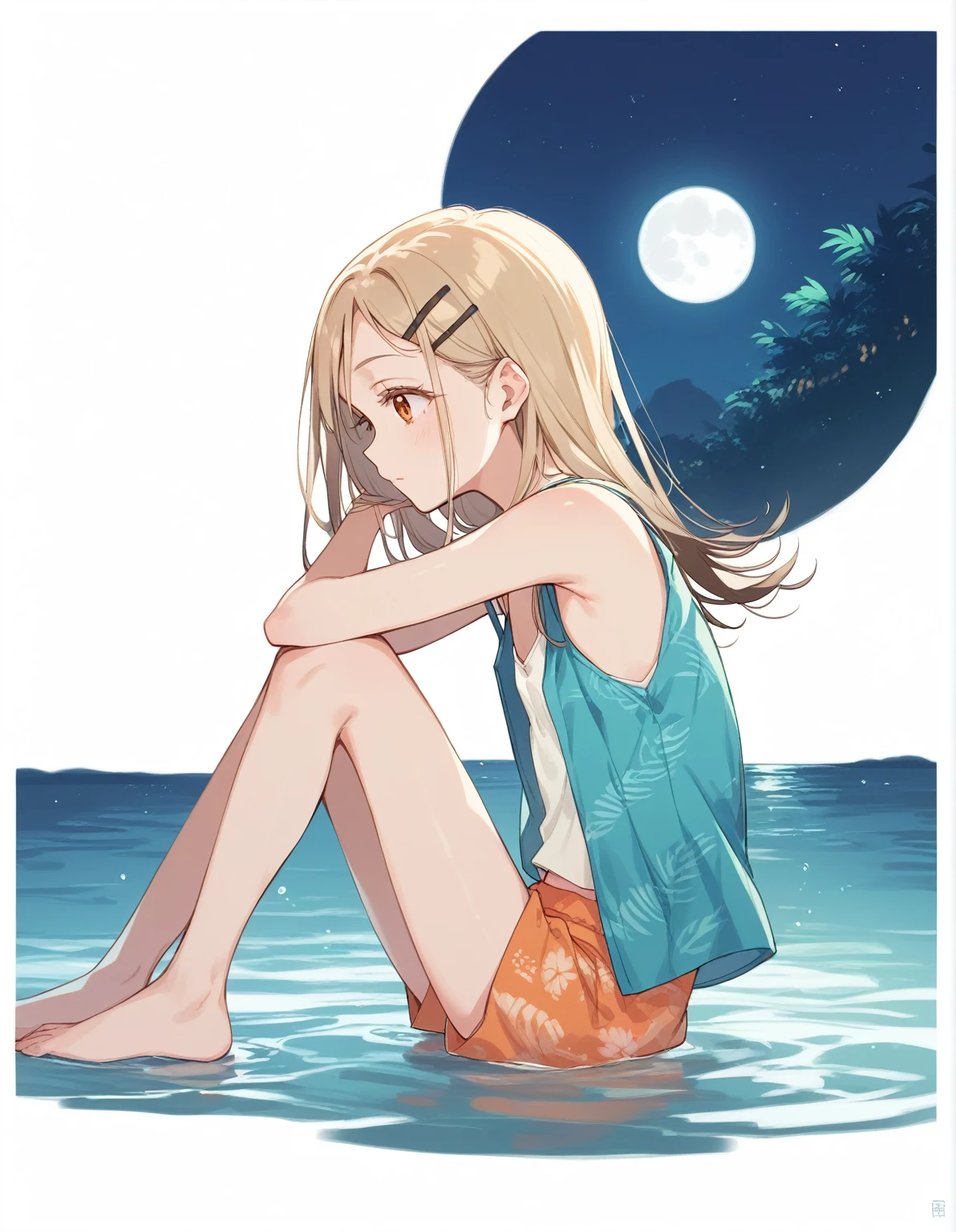 1girl,shinosawa hiro,slender,orange eyes,blonde hair,long hair,hairclip,white background,flat chest BREAK aloha shirt,tanktop,open shirt,from side,water,night,moon,full body,