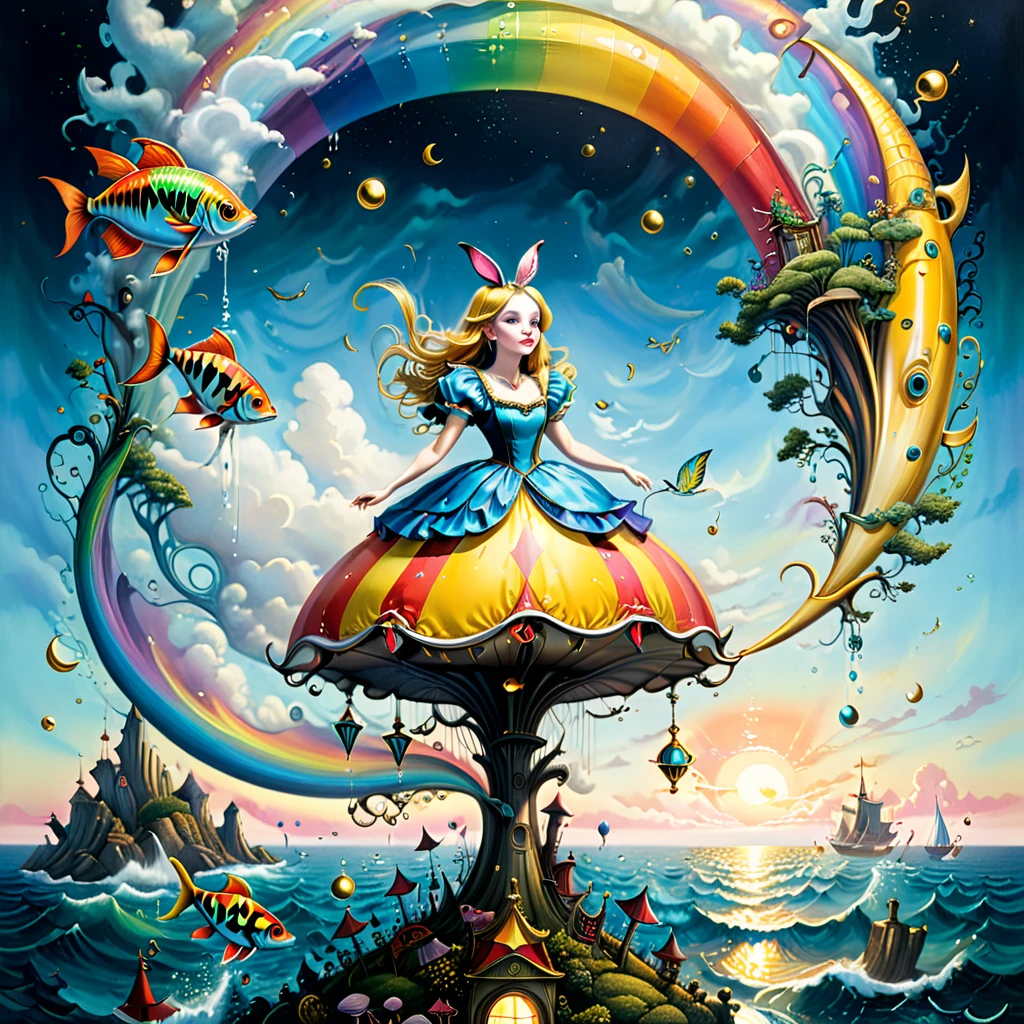 Alice Pop Surrealist, circus themed painting inspired by Michael Cheval, Jacek Yerka and Gabriel Pacheco showing a rainbow-colored harlequin standing on a crescent moon meditating over the sea and watching flying fish. ink painting. Golden Line, liquid gold. work of art, whimsical art, arte maximalist, 超detailded, subdued colors,on parchment, (Alice in Wonderland:1.2)