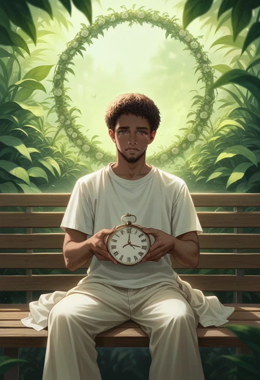 a young african man without beard, short hair, sitting on garden bench, holding clock, crying, detailed facial features, photorealistic, highres, 4k, ultra-detailed, realistic, cinematic lighting, dramatic mood, emotive expression, detailed clothing, accurate ethnicity, natural skin tones, intricate textures, atmospheric setting, lush greenery, soft shadows, warm color palette