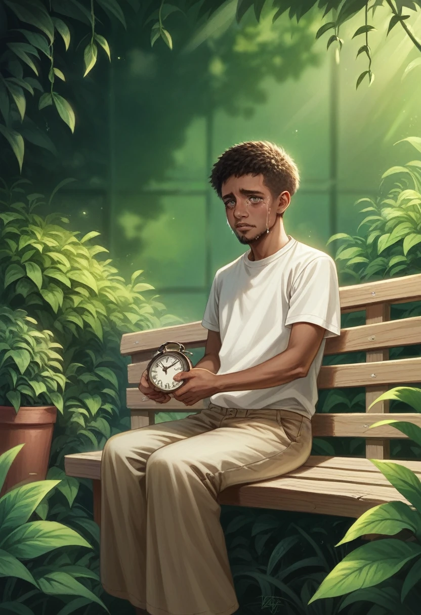 a young african man without beard, short hair, sitting on garden bench, holding clock, crying, detailed facial features, photorealistic, highres, 4k, ultra-detailed, realistic, cinematic lighting, dramatic mood, emotive expression, detailed clothing, accurate ethnicity, natural skin tones, intricate textures, atmospheric setting, lush greenery, soft shadows, warm color palette