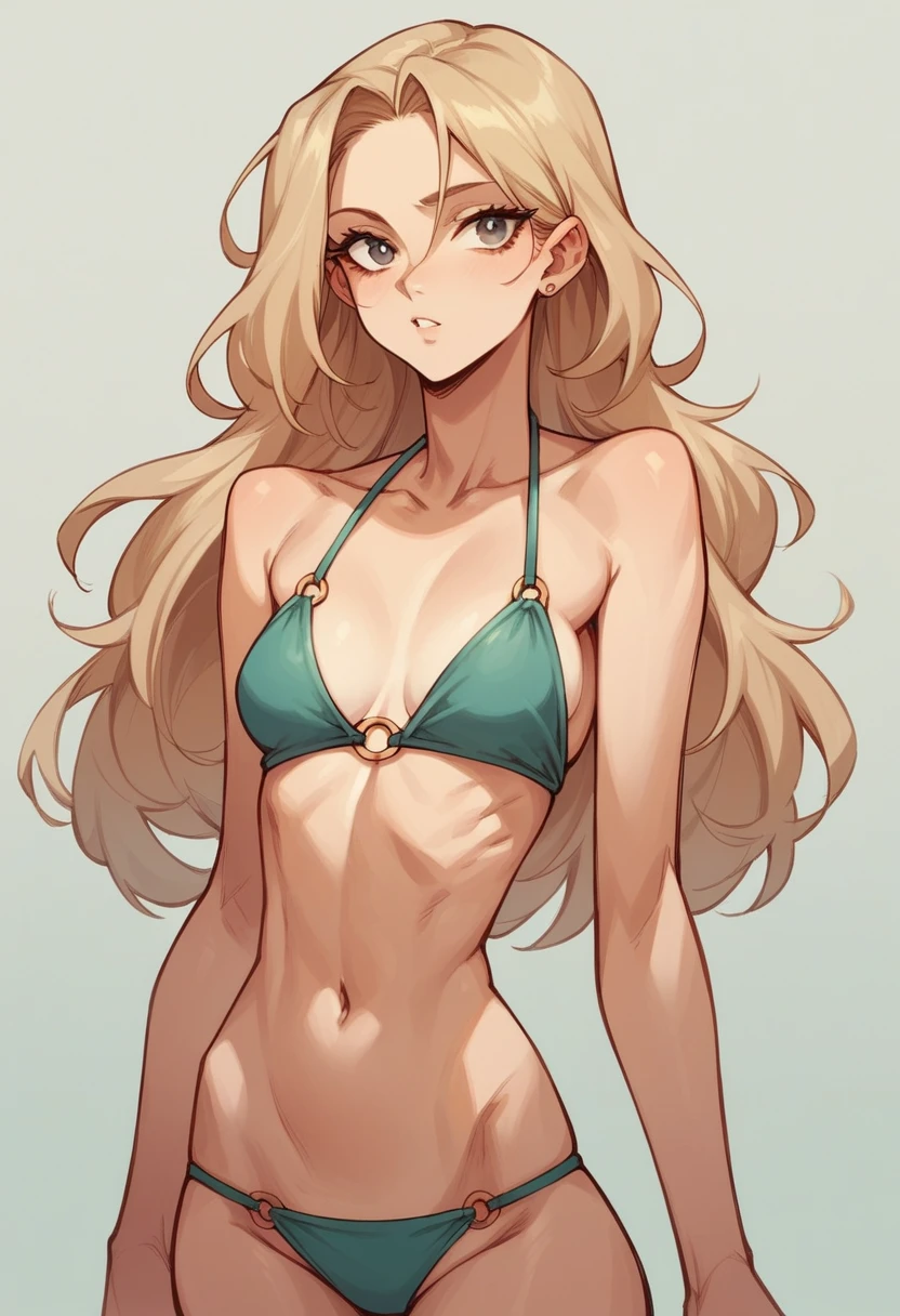 skinny,long hair,Beige blonde hair, bikini, Narrow waist,