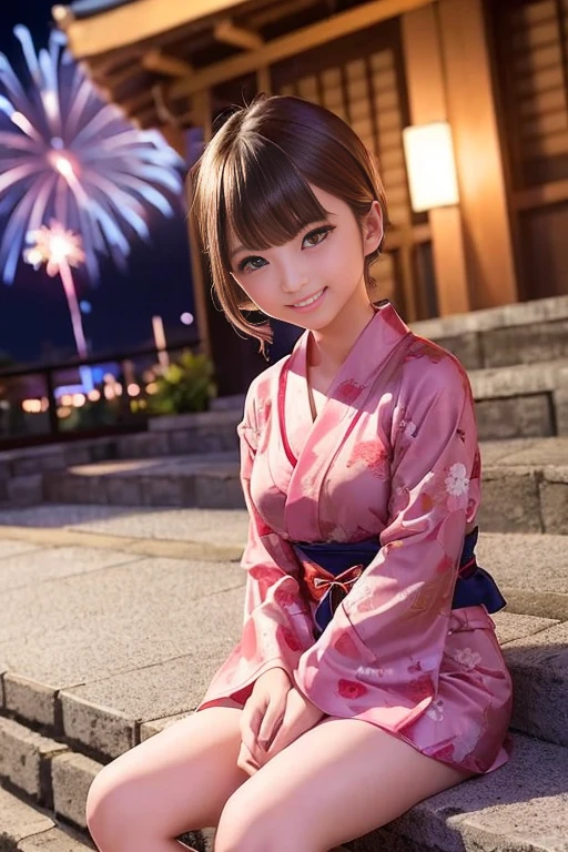 (Fireworks display)、(Cute yukata、Beautiful yukata、Sexy Yukata、Yukata Cosplay)、A girl sitting on stone steps、21 years old、smile、Long raw legs、Bust Emphasis、Short Bob Hair、Medium breast、masterpiece:1.3、Raw photo quality、Highest quality、Detailed Images、Detailed Background、