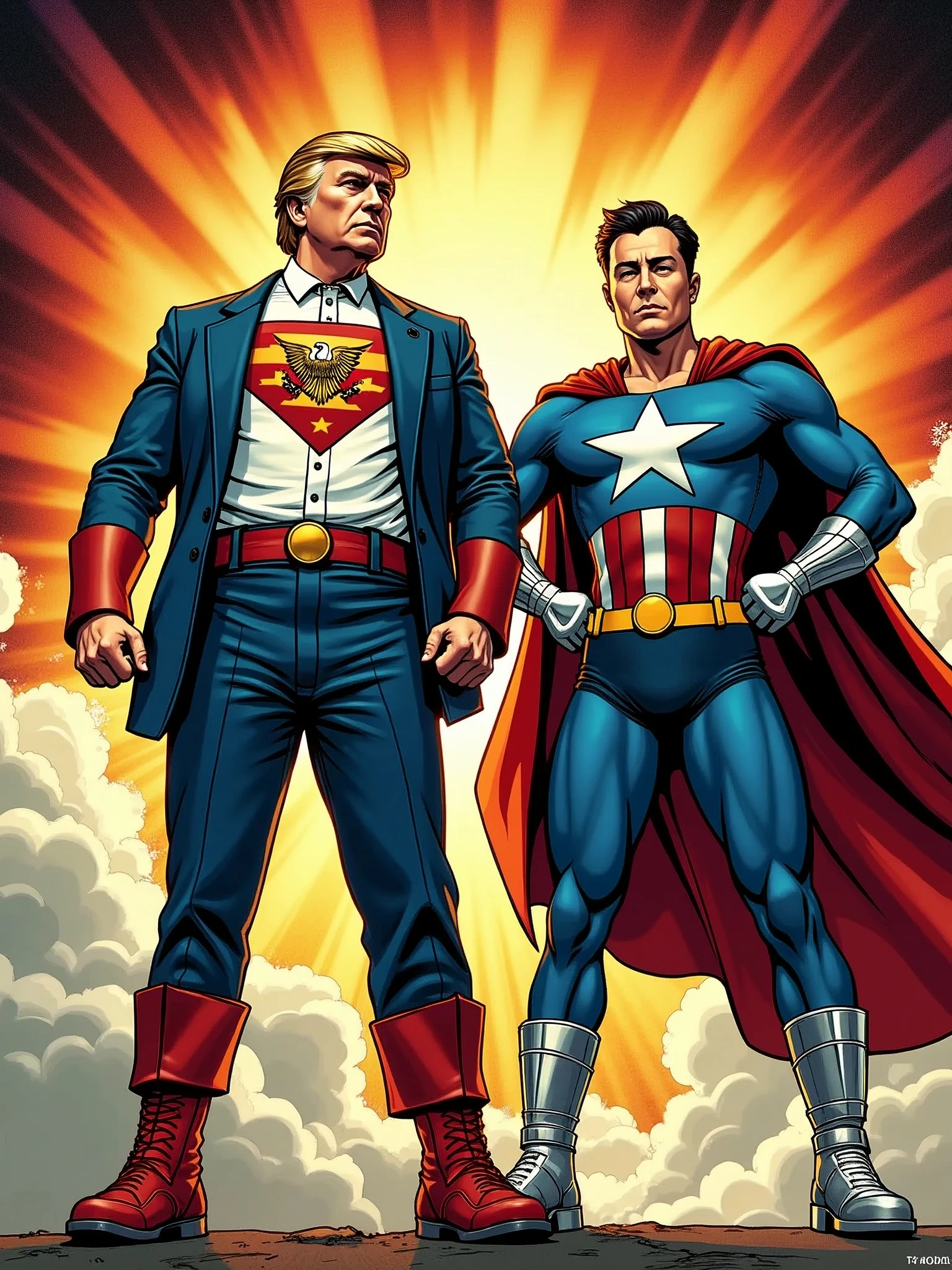 1960’s style comic book cover showing donald trump and  elon musk dressed as patriotic American superheroes —ar 5:8