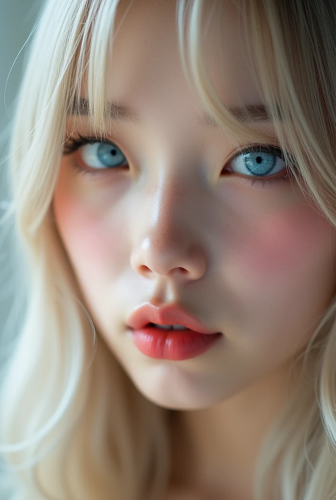 (a closeup:1.4)、(RAW shooting:1.2)、(Photorealsitic:1.4)、(​masterpiece:1.3)、(top-quality:1.4)、bright expression、extremely beautyful girl、Extraordinary beautiful girl、Detailed cute and beautiful face、Beautiful bangs、Glowing white shiny skin、facial hairs、Bangs that extend to the face、Bangs between the eyes、Super long hair、Attractive light and dark platinum blonde super long straight silky hainer hair、Attractive glowing beautiful bright clear light blue big eyes、Luxurious dresses、Double eyelids、Lush bust、The upper part of the body、