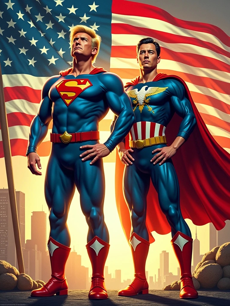 1960’s style comic book cover showing donald trump and  elon musk dressed as patriotic American superheroes —ar 5:8