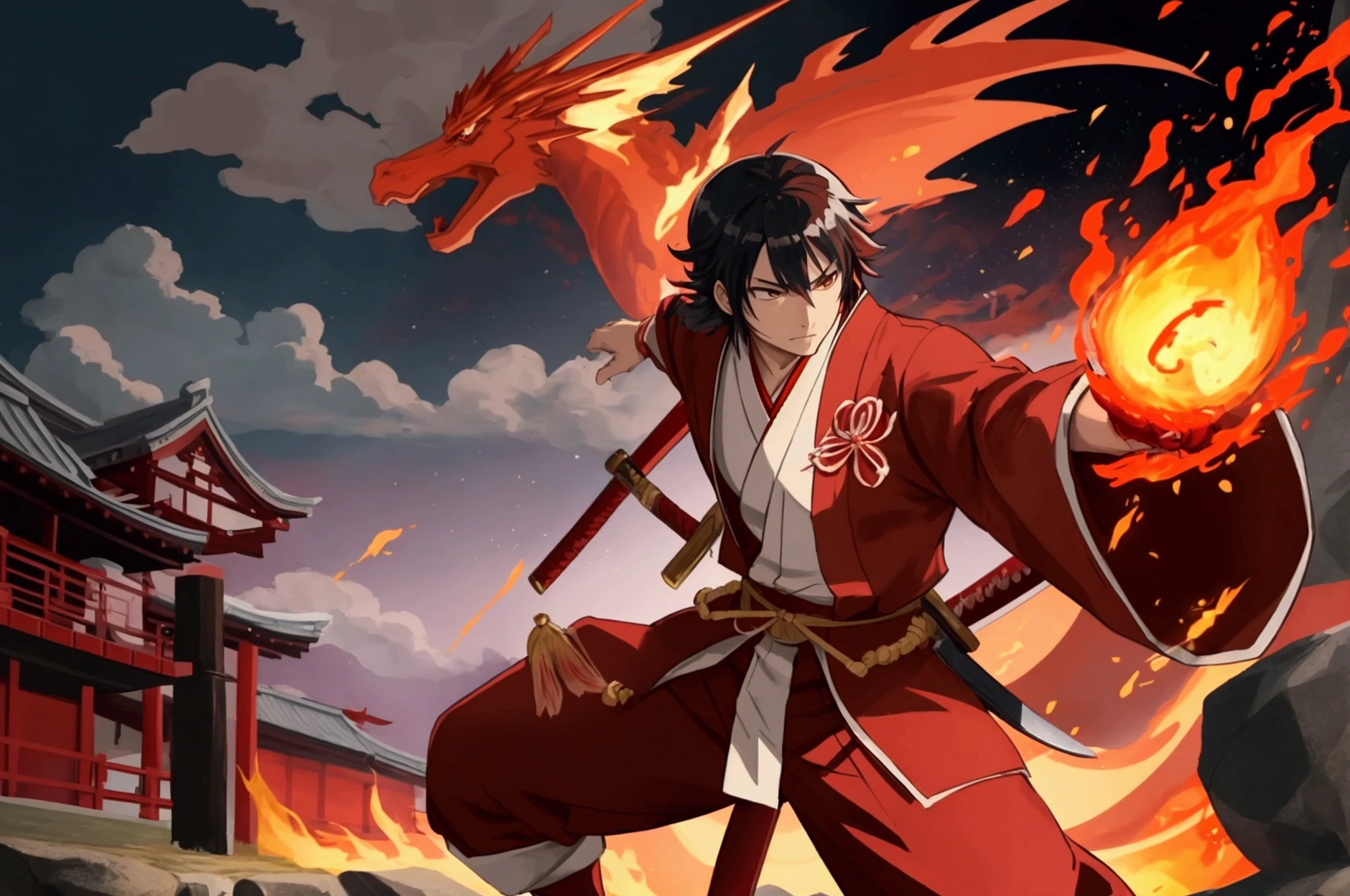 Japanese anime swordsman wearing a red outfit, a red robe, standing in front of a Japanese village, holding a red sword on fire, using the ultimate move, the Fire Dragon move.