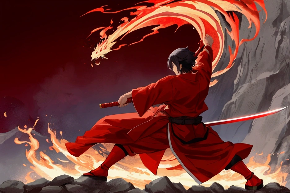 Japanese anime swordsman wearing a red outfit, a red robe, standing in front of a Japanese village, holding a red sword on fire, using the ultimate move, the Fire Dragon move.
